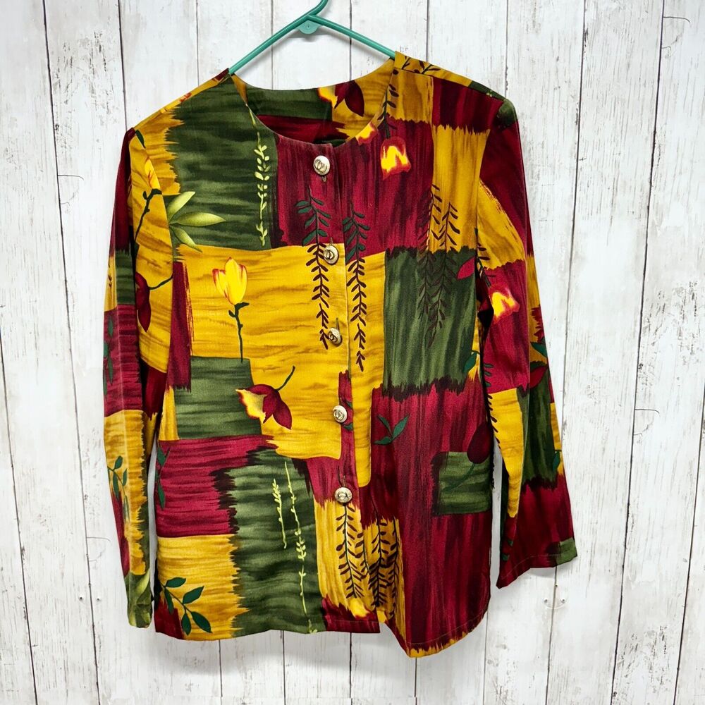Vintage Elizabeth‎ Williams Medium Multi Color Leaf Print Long Sleeve Tunic Top